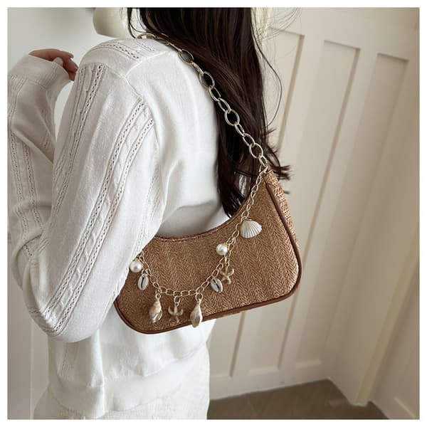 Casual Style Straw Shoulder Bag with Shell Embellished Chain and Shoulder Strap