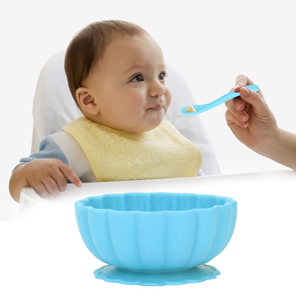 Baby Skål och Sked Set Silikon Sugkopps Servis för Småbarn Barn Matningsträning Blå