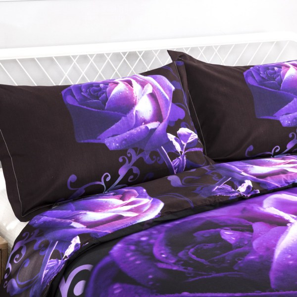 4ST Sängkläder Set Bekväm Duvert Cover Set Purple Rose Bed