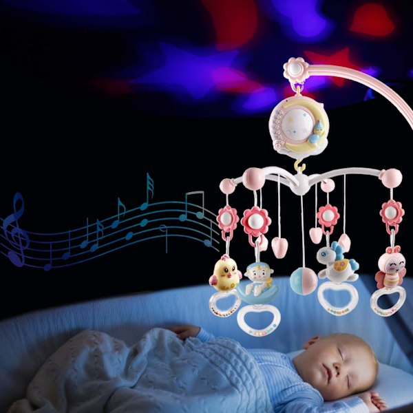 Baby-mobil med lys og musik, projektor og fjernbetjening