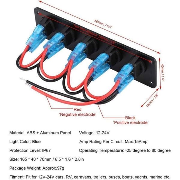 LED-vippekontaktpanel - LUSKYKA® - 5-vejs - 12-24V - Grøn LED - Til biler, både og maritim brug