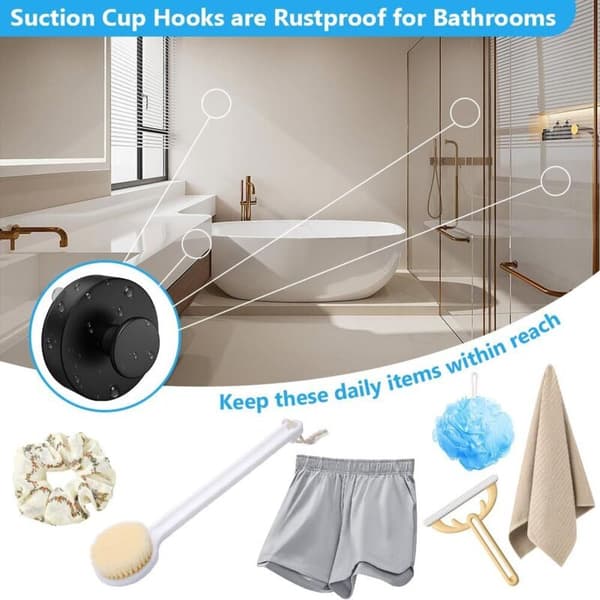 Vacuum Suction Cup Hooks, 2 Pcs Suction Wall Hooks, Waterproof Suction Cup for Bathroom, Removable and Reusable Wall Hook for Kitchen, Glass Door