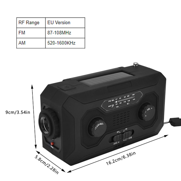 Håndsveiv Nød Væradio AM/FM Bytte Batteriindikator Lommelykt Solcelle Power Bank for Utendørs Camping Svart EU Versjon