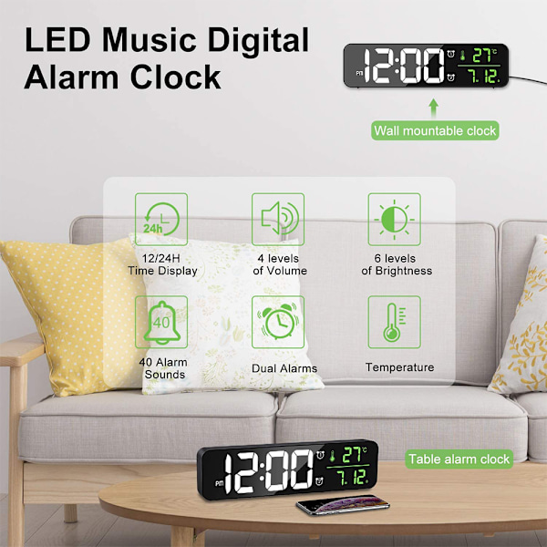 Digital väckarklocka, LED-väckarklocka Digital spegel väggklocka stora siffror bordsklocka med datum temperaturvisning, USB digital väckarklocka