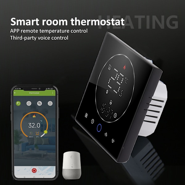 Smart Termostat LED Skærm Vandvarme Kontrol 13mm Forsænket Trådløs Programmerbar Termostat til Hjem Værelse Kontor AC95‑240V Sort