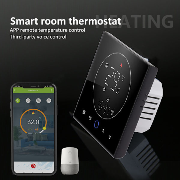 Smart Termostat med LED-skjerm, Vannvarmekontroll, 13 mm Innfelt Trådløs Programmerbar Termostat for Hjem, Rom, Kontor, AC95‑240V, Svart