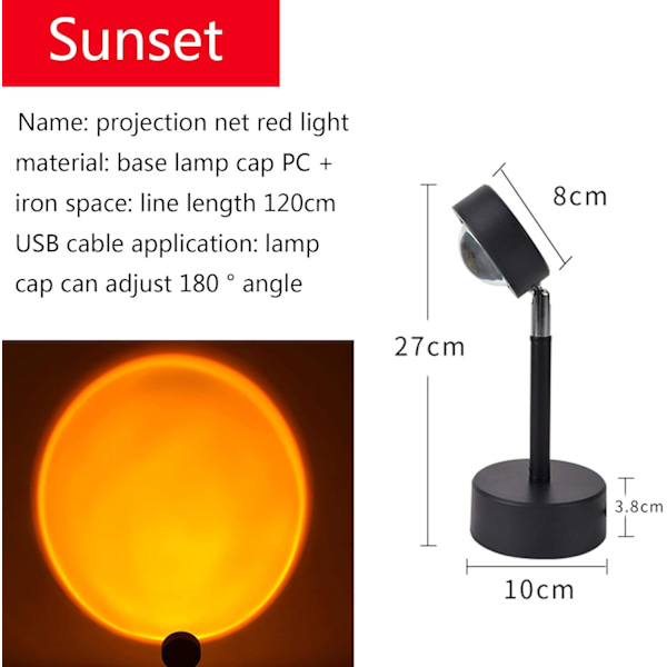 Solnedgångsprojektionsled-ljus med 90° roterbar, modern lampa nattljus för vardagsrummet sovrum USB -laddning Regnbåge Modern bakgrundsvägg