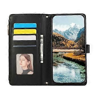 Compatible Case for Honor 400 Pro 5G (Global) with Multiple Card Slots, Zipper, Diamond Pattern Leather Phone Cover with Wrist Strap (Black)