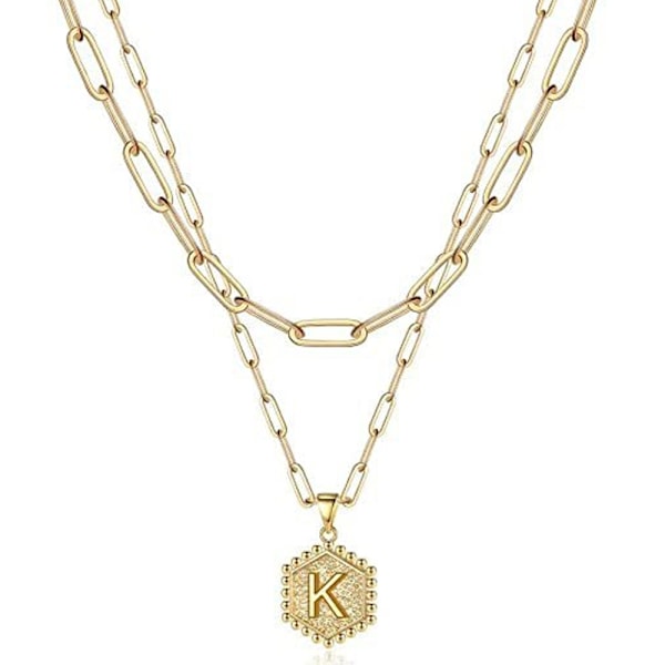 Dobbeltlags kragekjede for kvinner med bokstavanheng, gull geometrisk choker