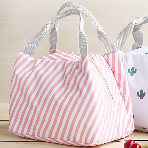 Bærbar Isolerende Bento Bag Håndveske Vanntett Matboks Piknik Mat Oppbevaringspose (Rosa Stripe)