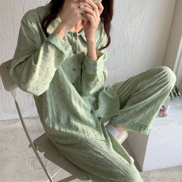 Dam Pyjamas Set med Långärmad, Söt Liten Grön Hjärtatryck, 2-Delar, Sovrumskläder för Höst/Vinter, Grön, Storlek M