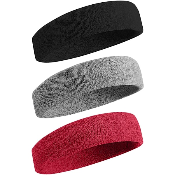 3-pack Svettbands Sport Huvudband för Män & Kvinnor - Fukttransporterande Atletisk Bomulls Terryduk Svettbands för Tennis, Basket, Löpning, Gym,