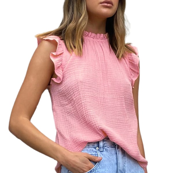 Ärmlös Rynkad Blus Enfärgad Rundhalsad Plisserad Rynkad Tanktop för Kvinnor Dam Flicka Rosa M