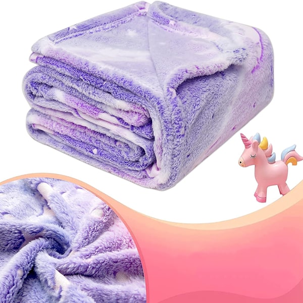 Gosig filt stjärnor enhörning i mörkt lila fleece mjuk filt glow in the dark filt presenter till barn tjejer, supermjuk fleece filt