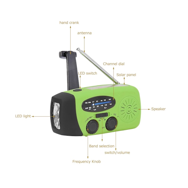 Håndsvinget Solradio Multifunktionel Nødradio LED Radio med Lommelygte til Udendørs Camping Grøn Europa