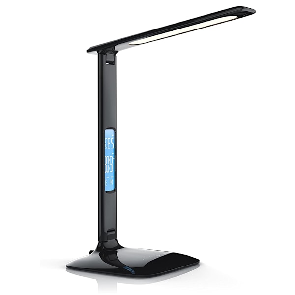 LED-bordslampa med trådlös laddare, USB laddningsport, justerbar hopfällbar bordslampa med klocka, larm, datum, temperatur, 5-nivåer dimbar
