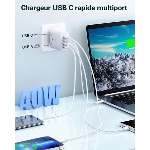 40W USB-C Wall Charger – 4 Ports (PD + QC) – Multi-Device Charger Compatible with iPhone, Samsung, iPad, and Tablets