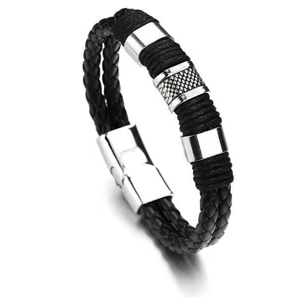 Armband för Män i Läder med Svart Magnetisk Rostfritt Stål Spänne Handledsmanchett