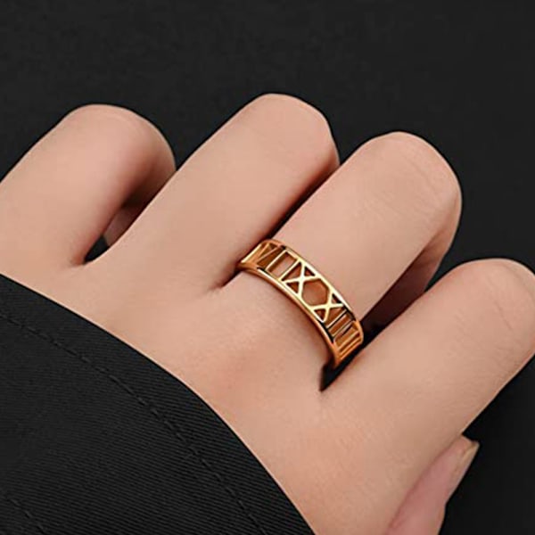 Enkel rustfrit stål ring, ring med romerske tal udskåret