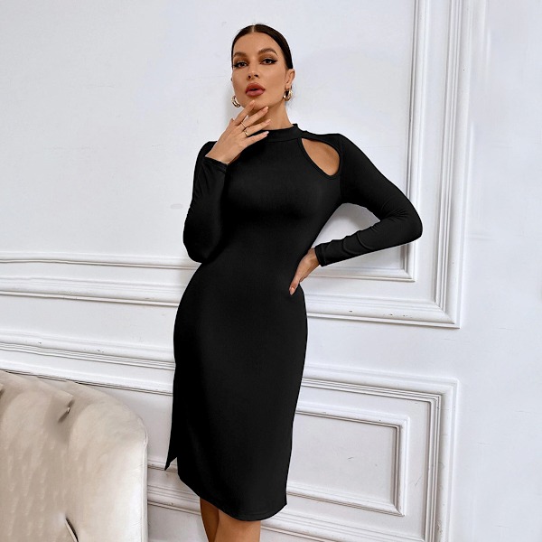 Kvinnoklänning, Långärmad Bodycon-klänning, Stickad Rundhalsad, Utskuret Midi-klänning med Sidoslits