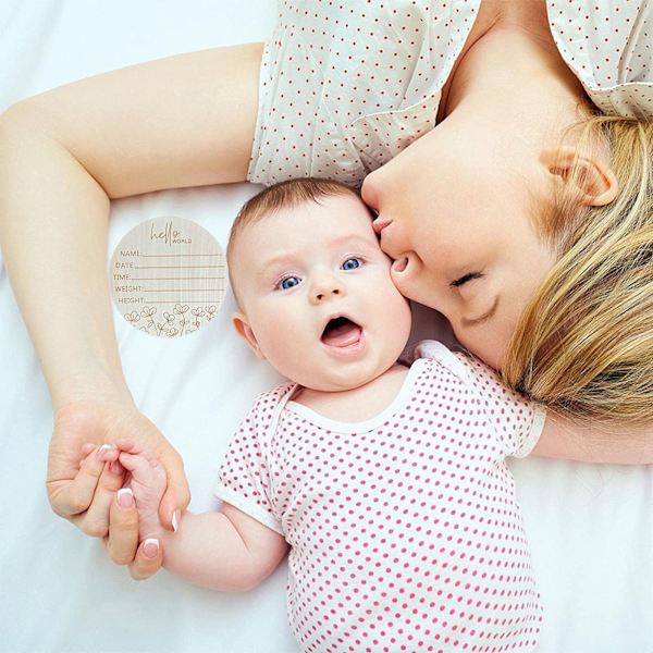 5,9 tum Rund Babymeddelande Fotorekvisita Basswoodskylt Hello World Baby Skylt för Barnkammare L4