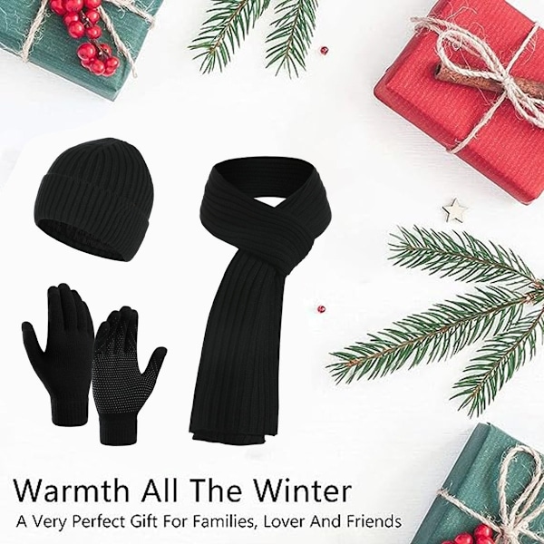 Vinterstrikket varm lue, skjerf og hansker for kvinner - Beanie + langt skjerf + berøringsskjermhansker - Hodeskalleluer, hals skjerf for kvinner og menn