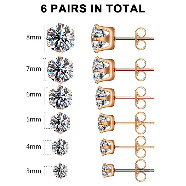 5 par ørepyntsett 316 rustfritt stål seks klør krone zirkon ørepynt 3-8mm, ultra skinnende øreben ørepynt
