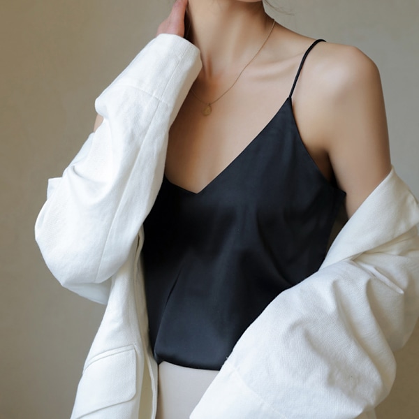 Dame V-hals Satin Camisole Top Løstsiddende Ærmeløs Spaghettirem Tank Blouse