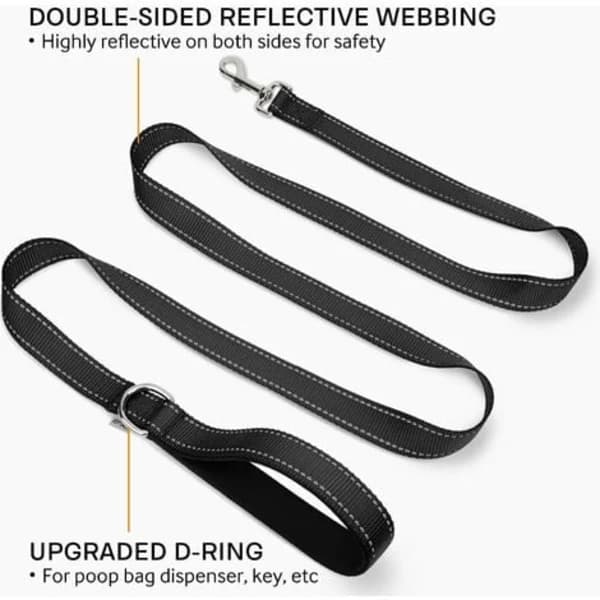 TS-leash Double-Sided Reflective, Strong Dog Leash with Padded Handle, 180 x 2.5cm, Black
