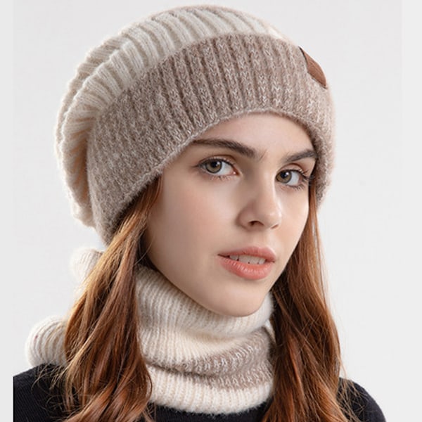 Hatt og skjerfsett for kvinner, 2 deler myk varm tykk strikket beaniehatt og skjerf, vinterhatt for kvinner