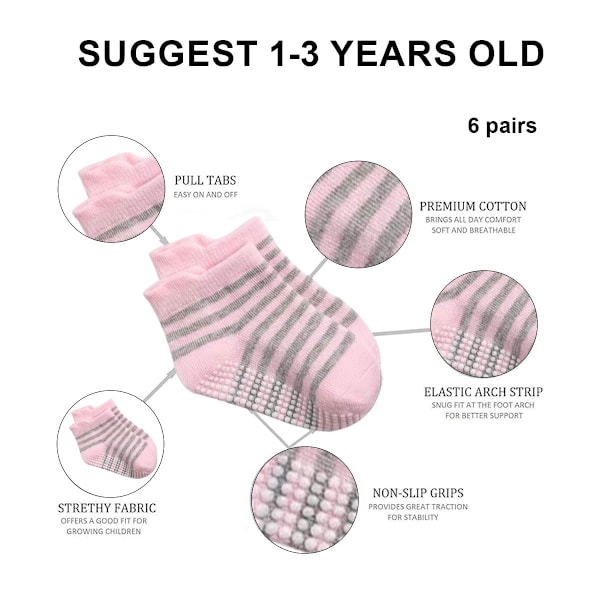 6 par Spring og Vinter Baby Antislip Grip Sokker med Antislip Sål (sort, hvid, grå, blandet farve)