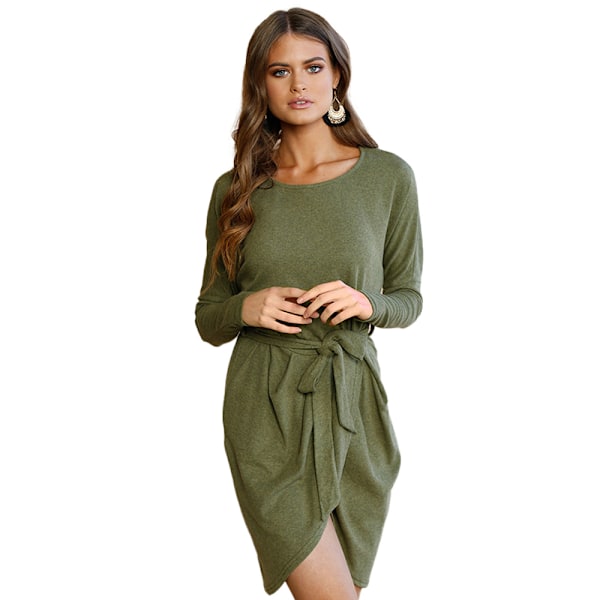 Dame Wrap Langærmet Empire Talje Rundhals Waffle Knit Midi Kjole (grøn)