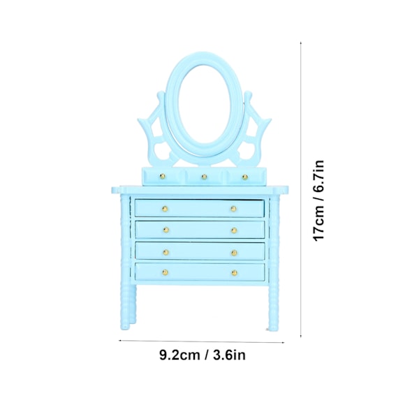 1:12 Skala Dukkehustoarett Høy Simulering Tre Miniatyr Smykkebord med Speil Blå
