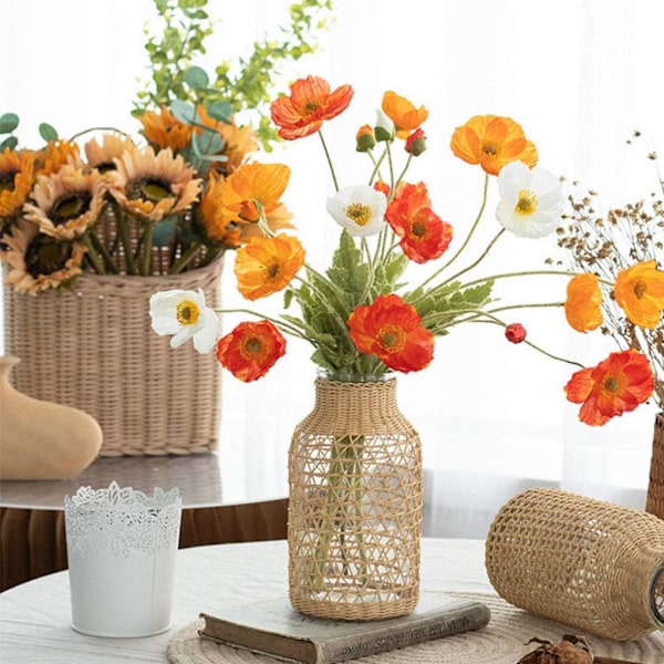 Glasblommavas med rottingöverdrag Blomknoppvas Rund Dekorativ Blomvas Blomsterbehållare Bondgård Blomflaska för Blomsterarrangemang