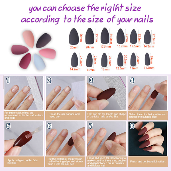 12 set Falska Naglar Medium Almond, Matt Medium Almond Falska Naglar Full Cover för Nagelkonst DIY