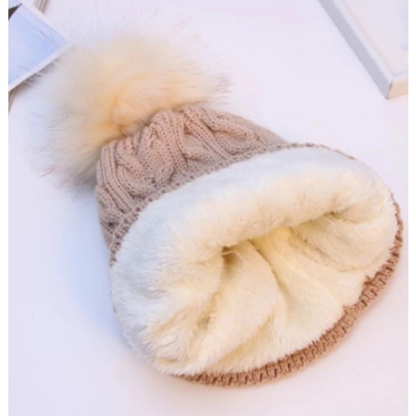 Beige enfärgad pälsboll ullmössa unisex vinter varm