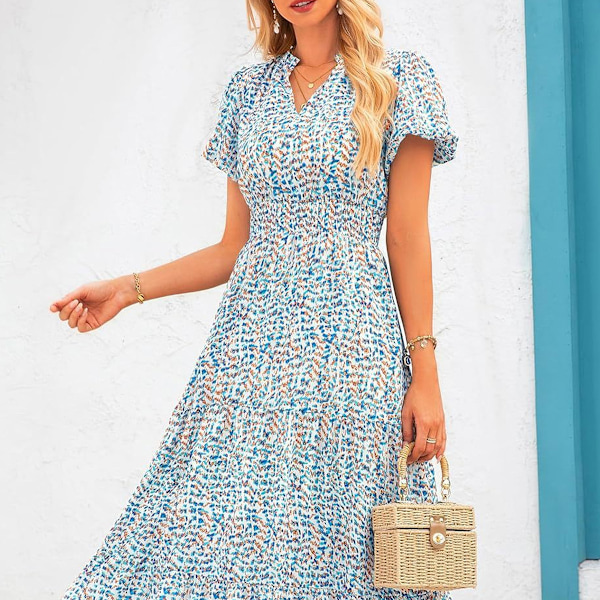 Sommarmaxiklänning för kvinnor, avslappnad V-ringad, puffärm, smockad, volang, flytande, strand, boho, lång, blommig klänning