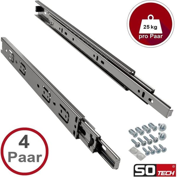4 par KV-25-H35-L500-NF-MS 500 mm fuldudtræksskinner, standardversion, bæreevne