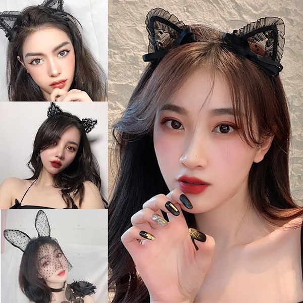 Söt spets kattöron maskeradfest cosplay mode pannband för kvinnor flickor