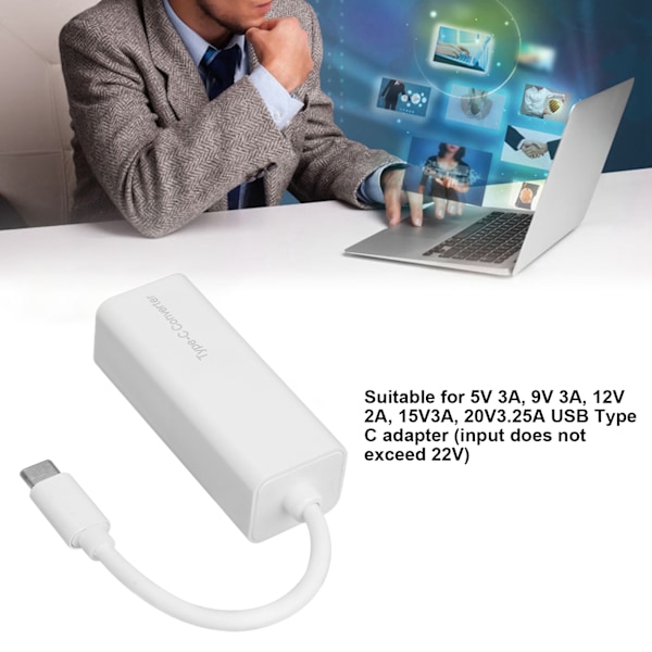 DC till USB-C Adapter 65W PD DC till USB-C Konverter DC Strömförsörjning Adapter 5.5X2.1mm Hona till USB-C Hane Adapter Vit