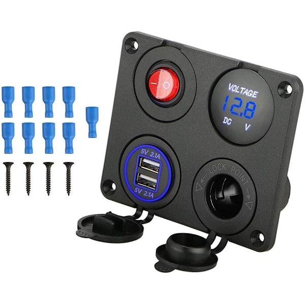 Dubbel USB laddare Switchpanel i aluminium, LED-voltmätare, 12 V-uttag + På/Av-brytare 4-håls knapplist för bilbåt Marin lastbil Motorcykel RV ATV