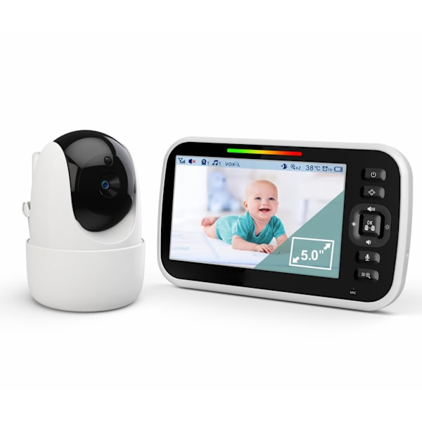 Babyseng med kamera 5 tommer skærm 1000ft rækkevidde infrarød nattesyn overvågning 2-vejs lyd temperatur sensor vuggeviser 100‑240V EU-stik