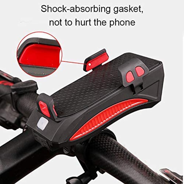 Cykellys mobilholder, 4-i-1 cykel mobilholder, LED cykelforlygte, USB oplader med horn, vandtæt til 4-6,3 tommer smartphones