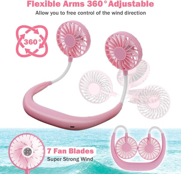 Halsventilator, Gsedaox, ABS, 3 hastighedsniveauer, LED, USB, Hvid/Pink[TT]