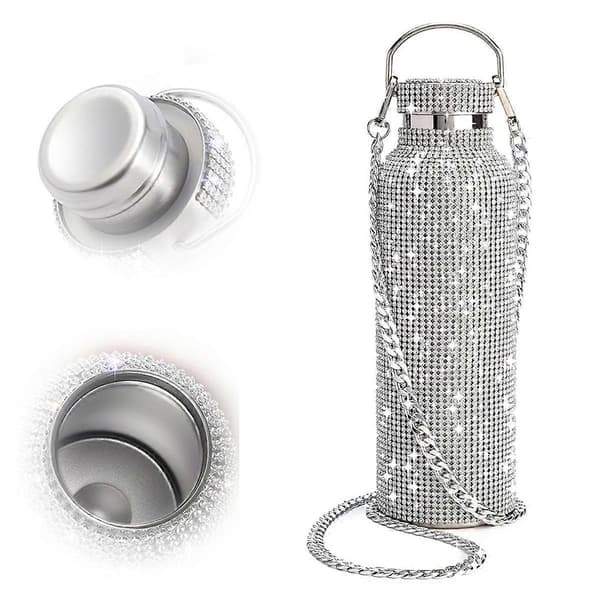 Bling-vesipullo, hopeinen strassiglitteripullo ketjulla, strassikoristeltu ruostumaton pullo 500 ml