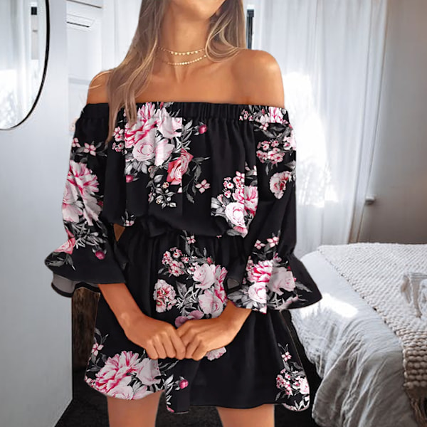 Kvinners avslappet blomstertrykt off-shoulder trompet-ermet svingkjole