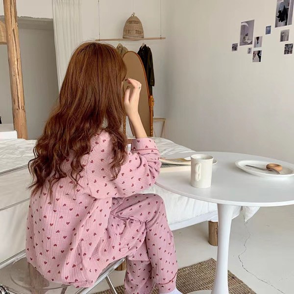 Dam Pyjamas Set med Knappar Långärmad Hjärtmönster Nedåtvänd Krage Lös Mjuk Dam Nattkläder för Vår Höst Hem Rosa M