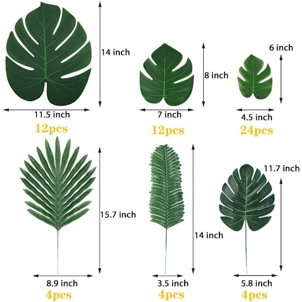 Sæt med 60 Kunstige Tropiske Palmblade, Monstera Blade med