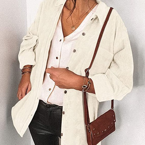 Beaully Naisten Korderoinen Napitettu Paita Rento Pitkähihainen Ylisuuri Takki Shacket (Beige)