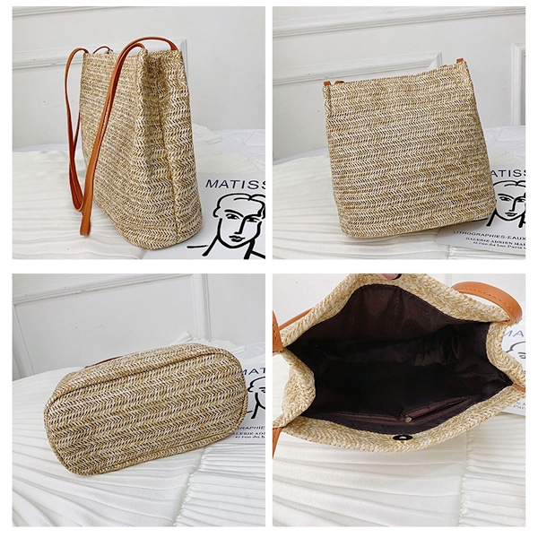 Halmstrandväska, Bucket Tote Handväska Axelväska Tote Väska Kvinnor Sommar Handväska, 25*25cm